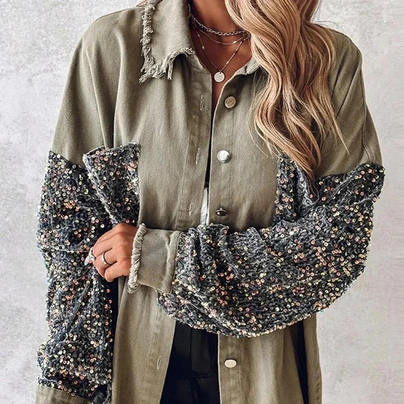 Khaki Party Women's Turn-Down Collar Contrast Sequin Raw Hem Button Down Shacket - Picture 4 of 5